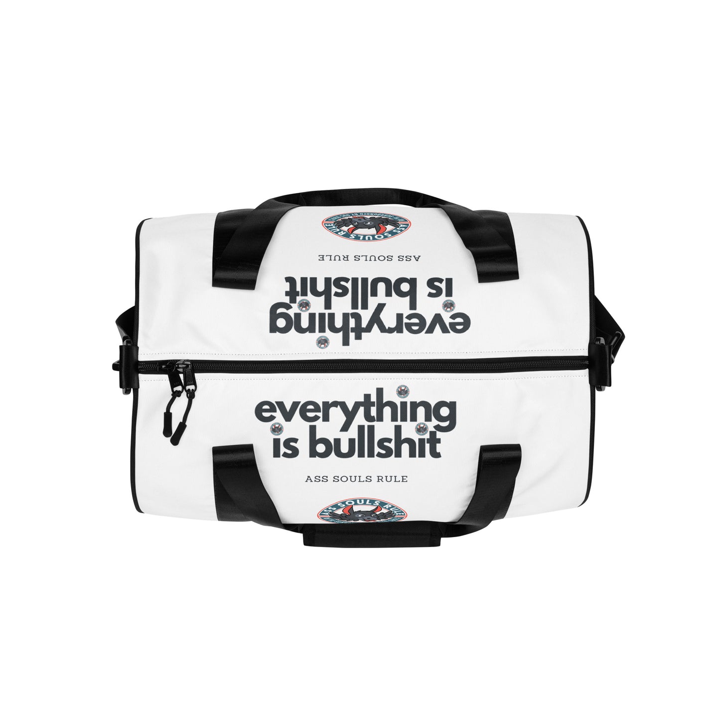 Everything is Bullshit all-over print gym bag