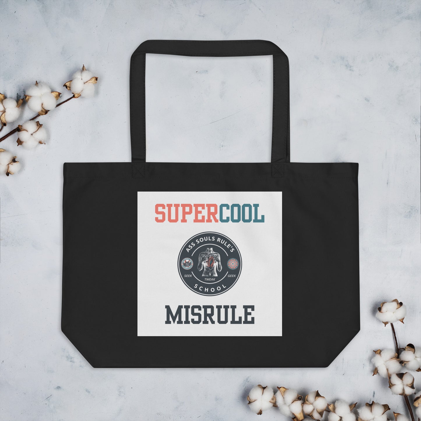 SuperCool MisRule large organic tote bag