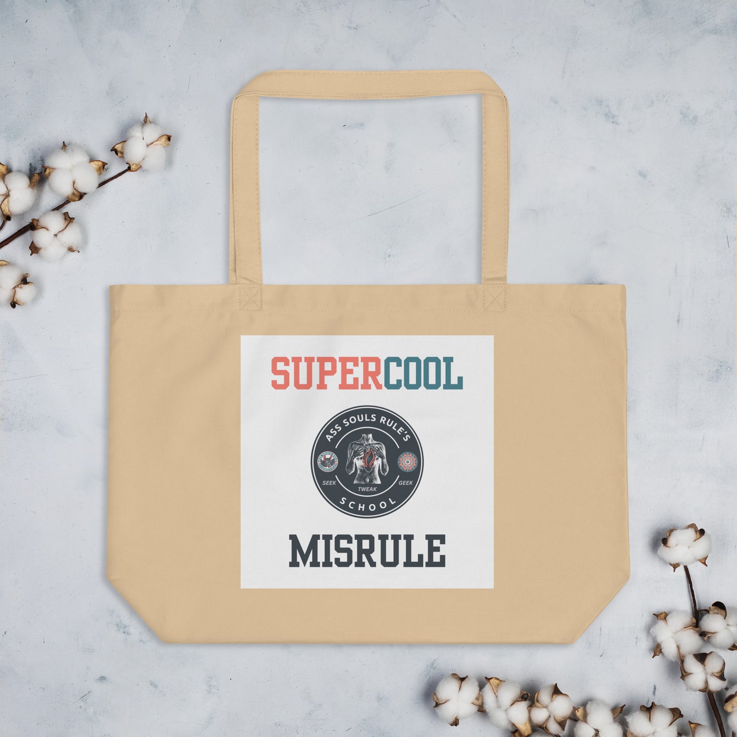 SuperCool MisRule large organic tote bag