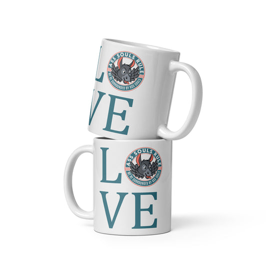 LOVE ASR teal white glossy mug