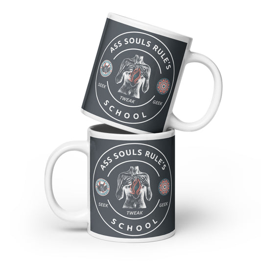 Ass Souls Rule's School white glossy mug - dark